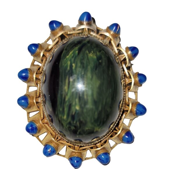 Gold Tone Book Chain Framed Oval Dome Lucite Blue Mottled Bullet Cab Brooch